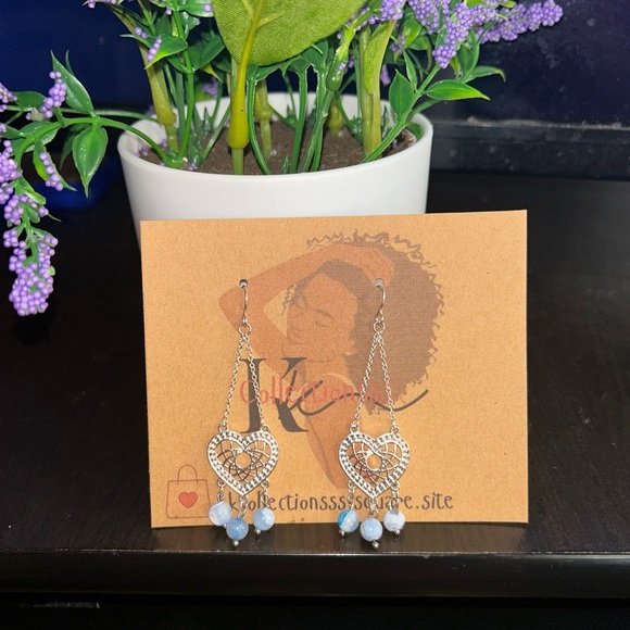 Heart Dangle Earrings with Blue Agate – Peace & Protection - Picture 2 of 3